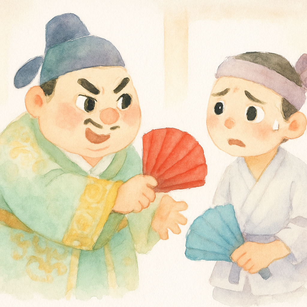 욕심쟁이 부자가 빨간 부채를 빼앗아가는 장면